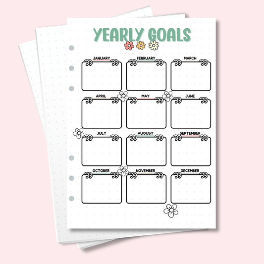 A5 Yearly Goals Journal Page with 12 monthly calendar blocks
