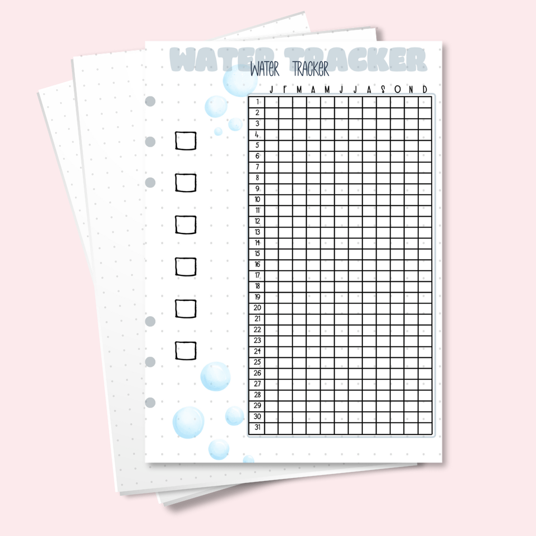 A5 Yearly Water Tracker bullet journal page for 2025 hydration goals