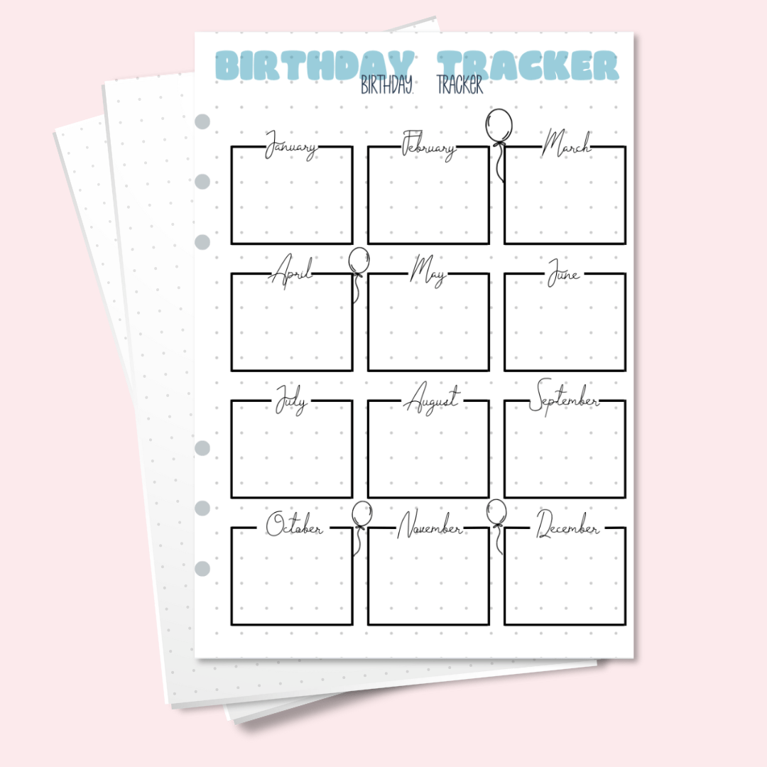 A5 birthday tracker bullet journal page with monthly boxes