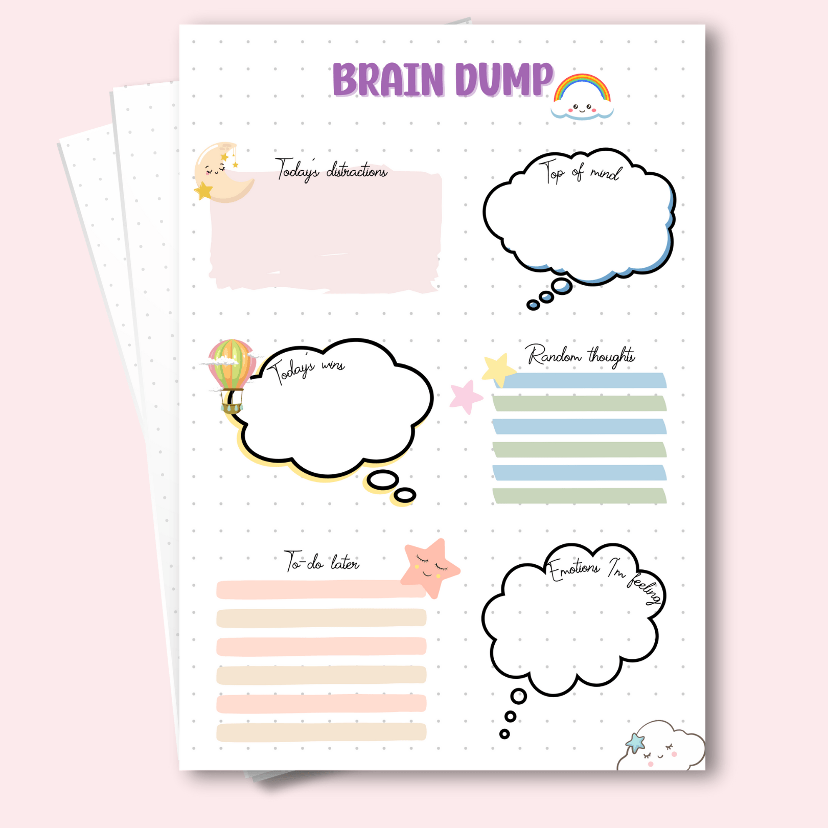 A5 brain dump digital journal page with prompts for daily mental clarity