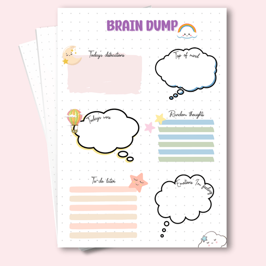 A5 brain dump digital journal page with prompts for daily mental clarity