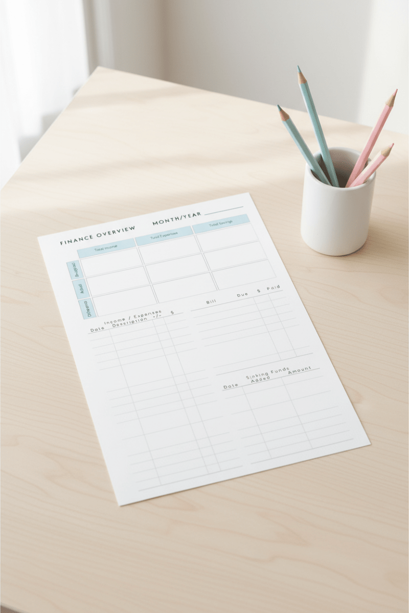 A5 budget planner bundle pages fanned on desk — savings tracker
and budget journal pages portrait