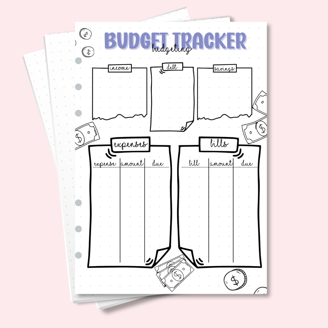 A5 budget tracker journal page with income, debt, and savings sections