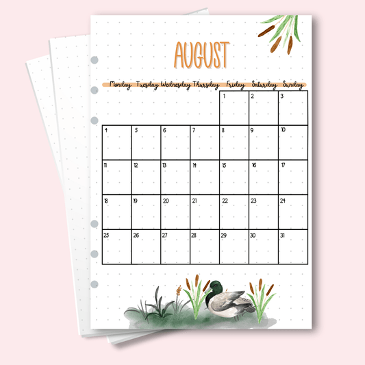A5 bullet journal calendar for August 2025