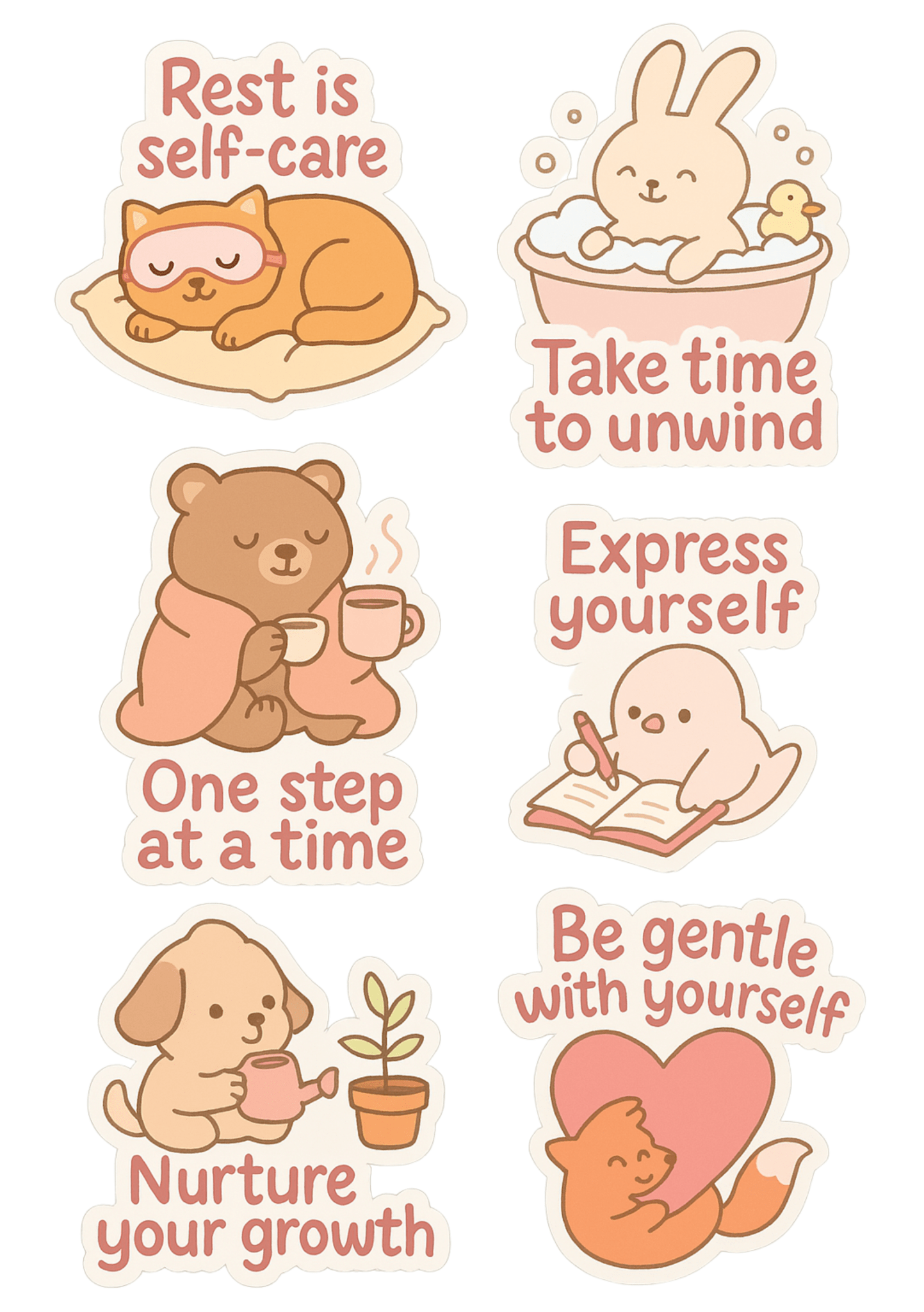 A5 bullet journal sticker sheet with calming animal illustrations and positive reminders