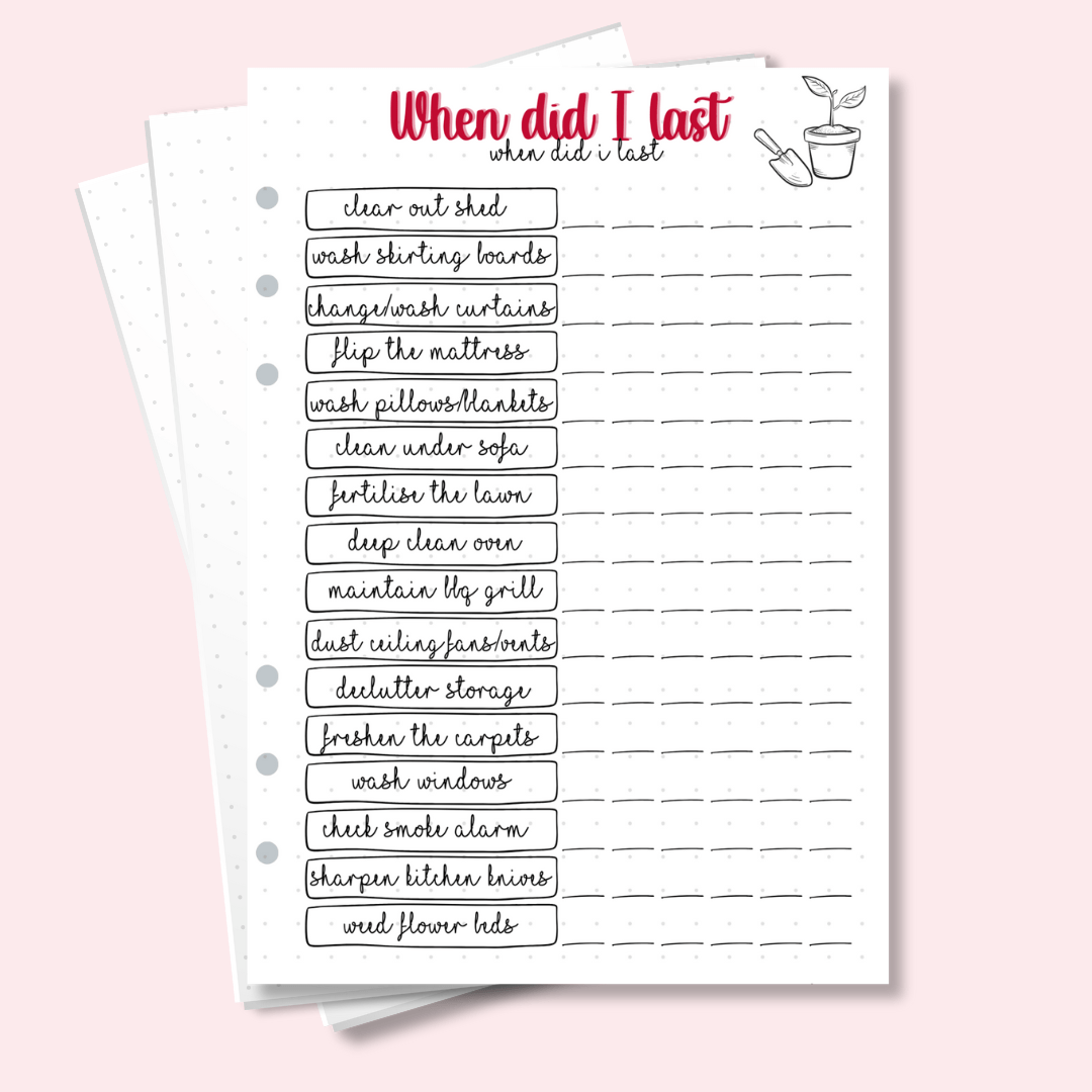 A5 cleaning tracker bullet journal page with task log layout