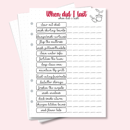 A5 cleaning tracker bullet journal page with task log layout