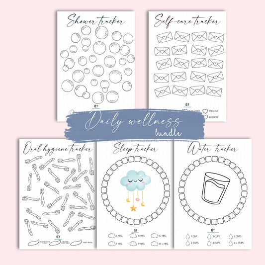 A5 daily wellness tracker bundle including sleep tracker, water tracker, self care tracker, shower tracker and oral hygiene tracker pages for mental health journaling
