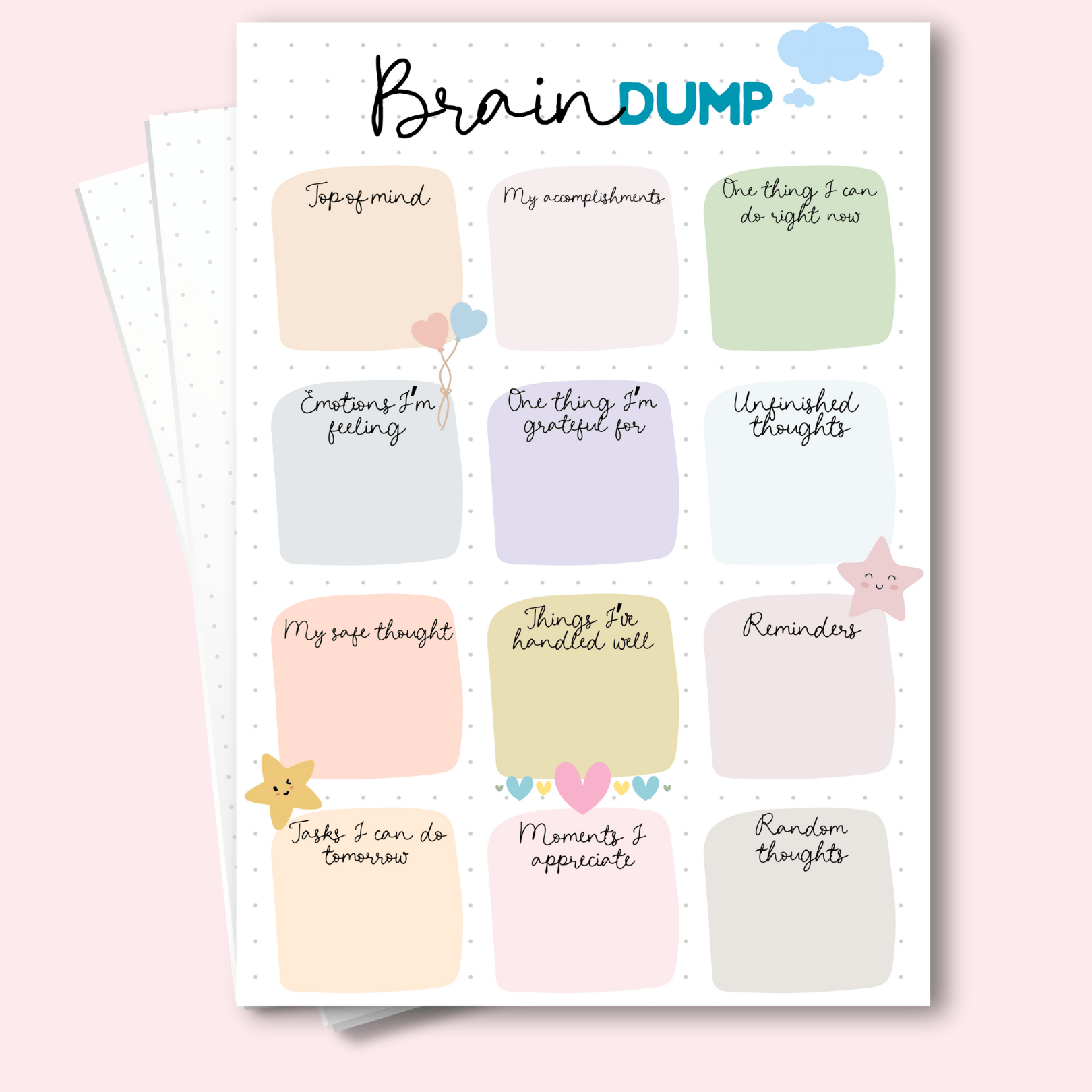 A5 deep thoughts digital brain dump page with 12 reflection prompts