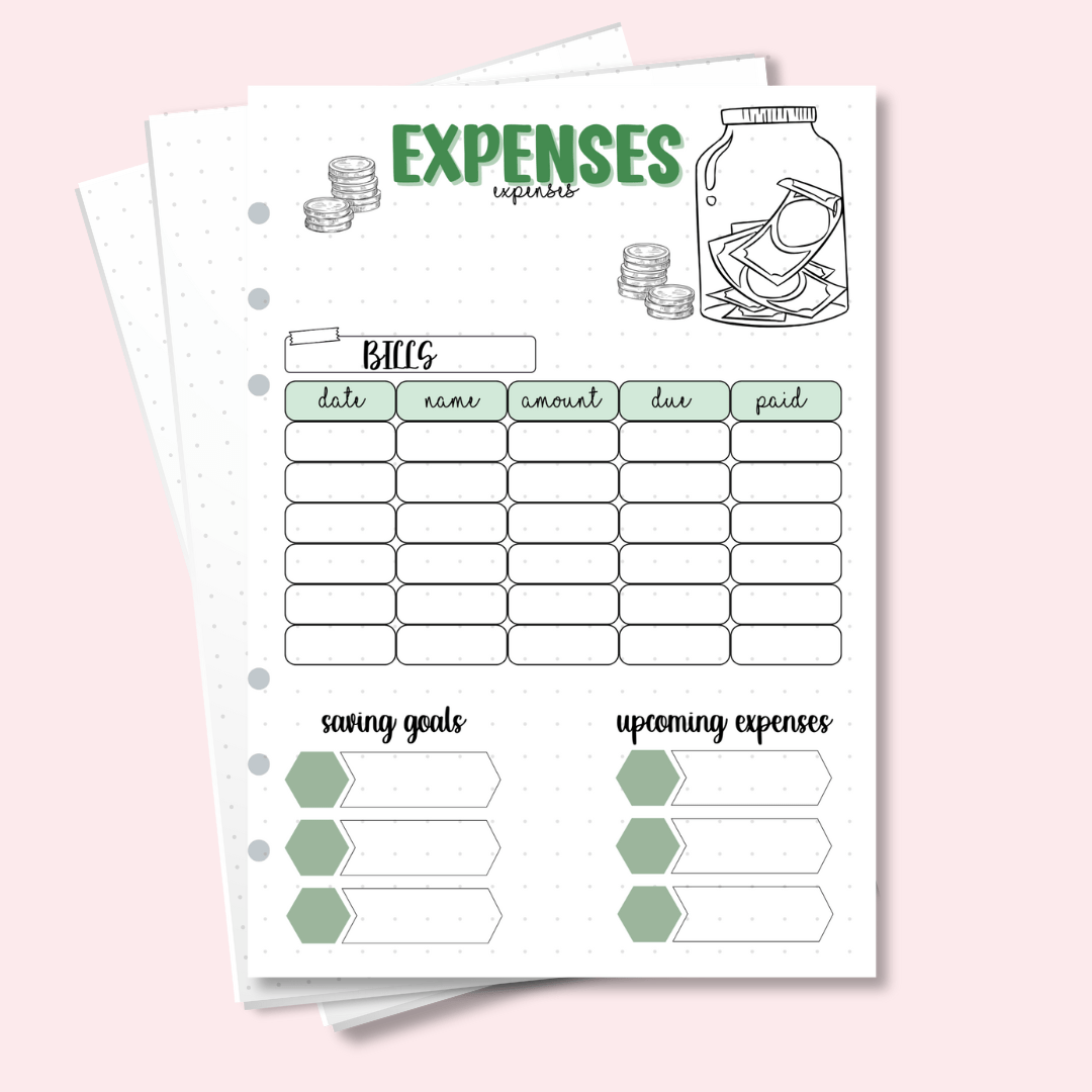 A5 expenses tracker page for bullet journals and personal planners