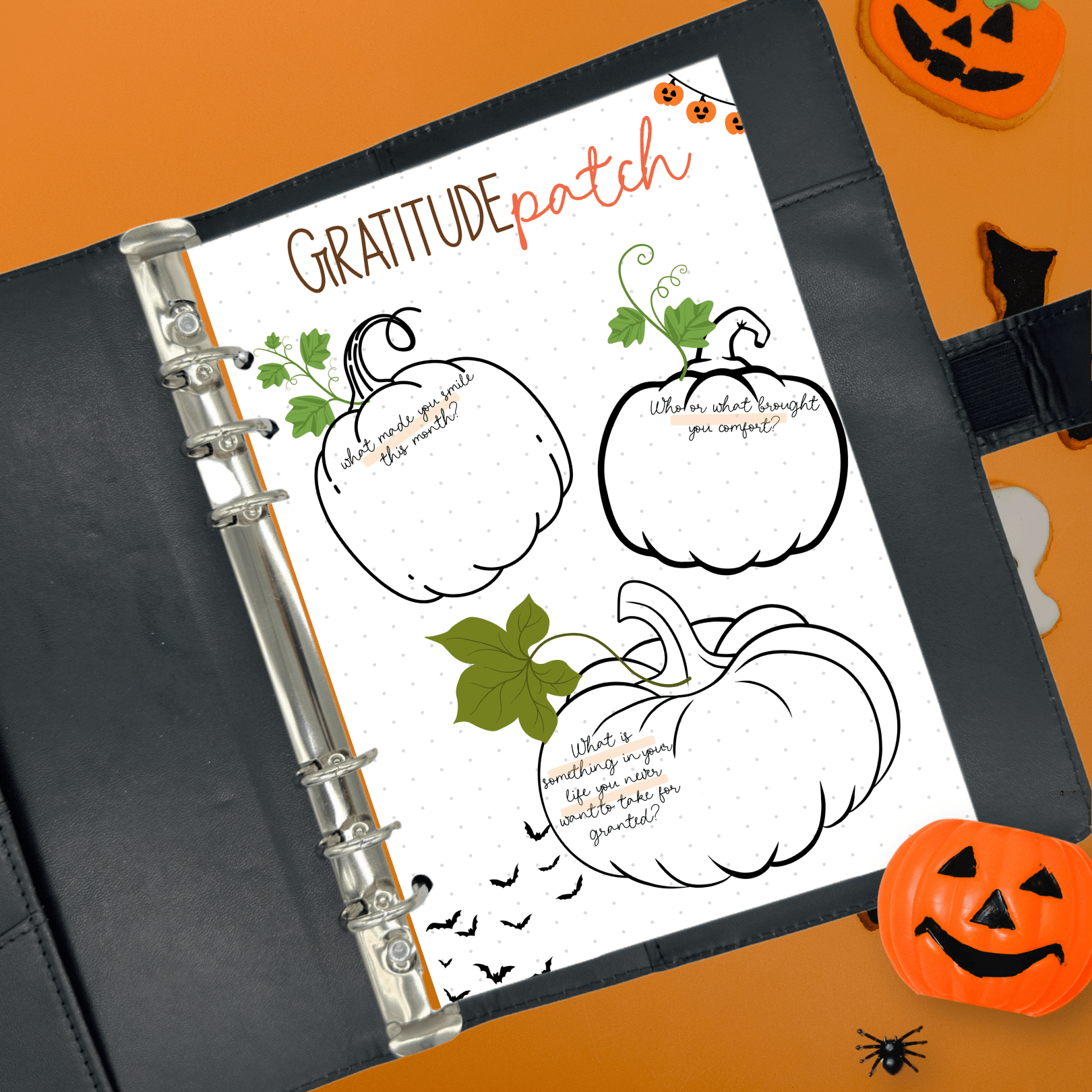 A5 gratitude journaling sheet with pumpkins, bats, and seasonal designs