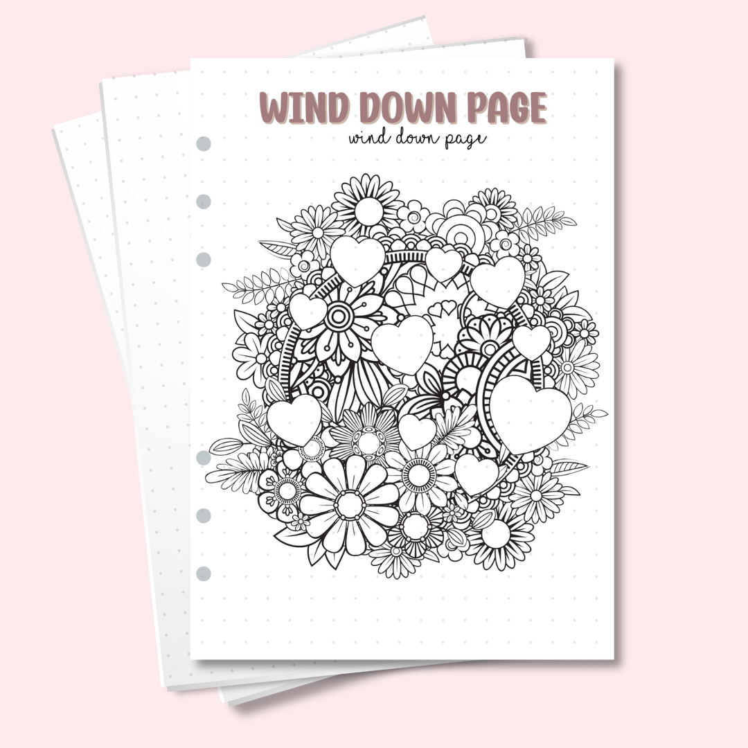 A5 hearts and flowers colouring page for mindful journaling