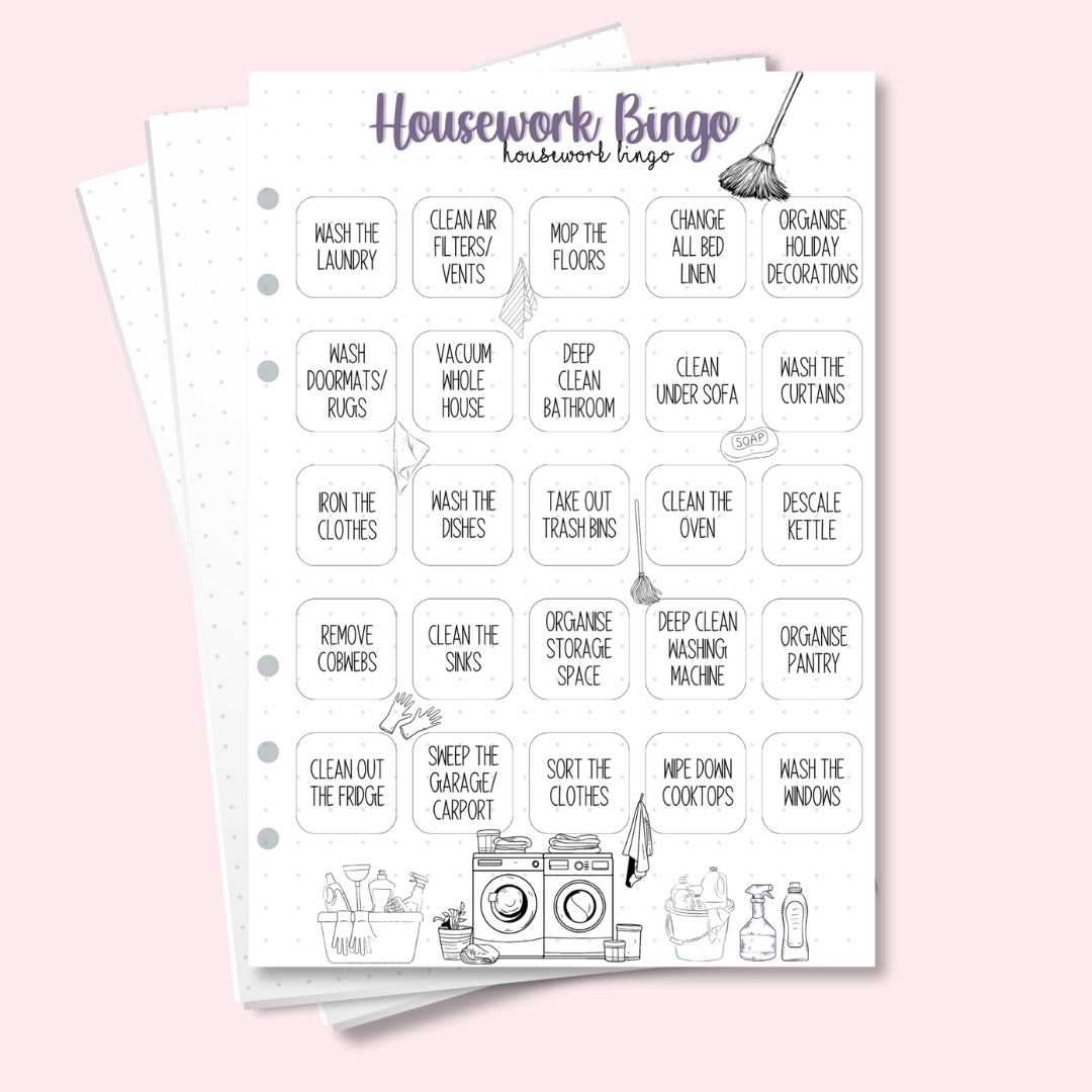 A5 housework bingo journal page with cleaning tasks in a grid format