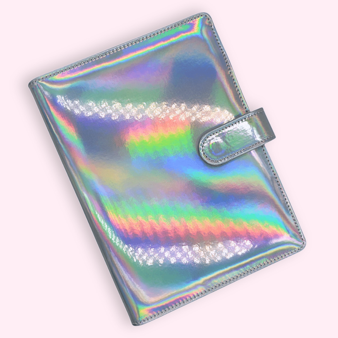 A5 journal cover with card slots, pockets, and holographic rainbow design