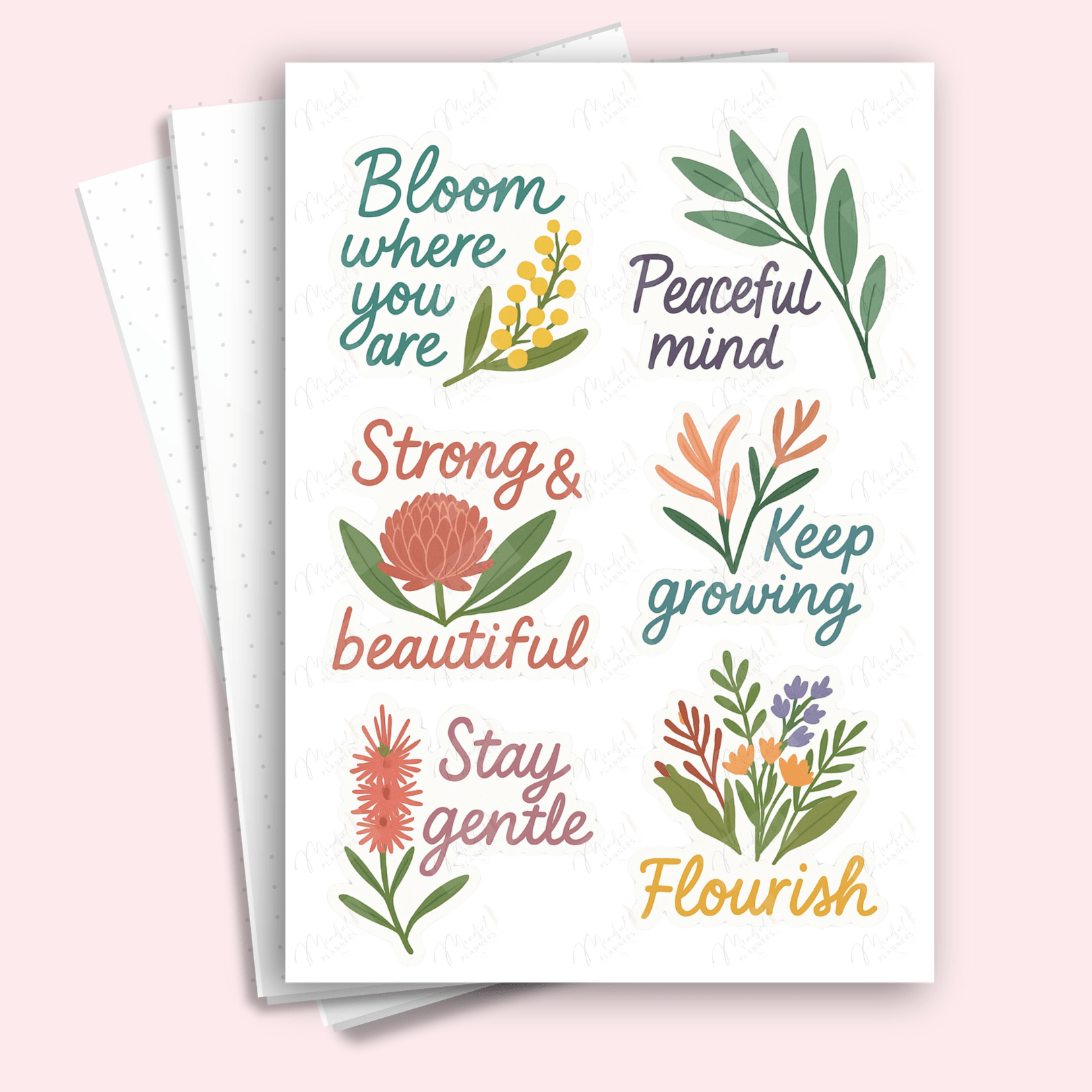 A5 journaling sticker sheet with Australian flora and mindful wellness quotes