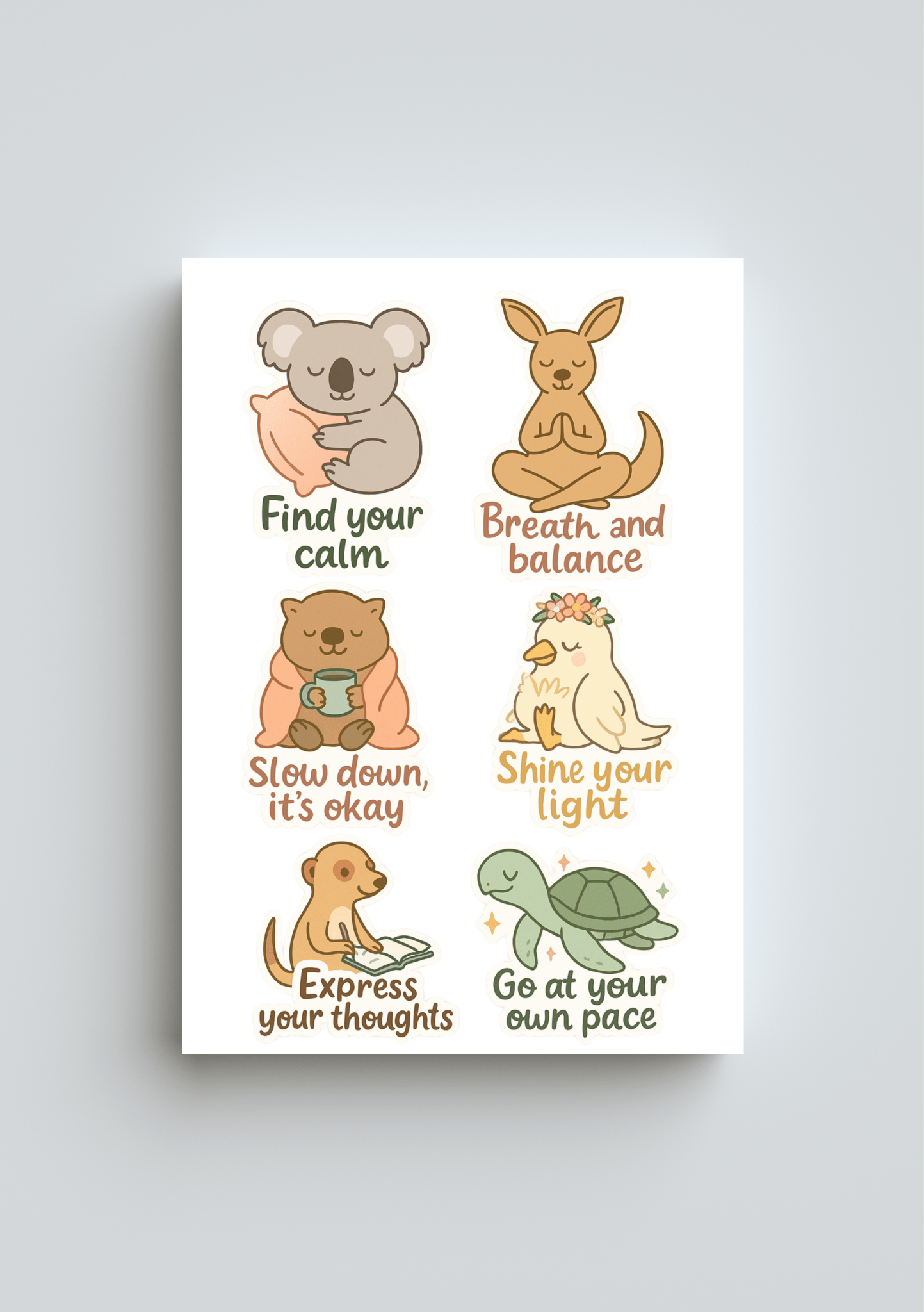A5 journaling sticker sheet with kangaroo, koala, and meerkat designs and mindful self-care words