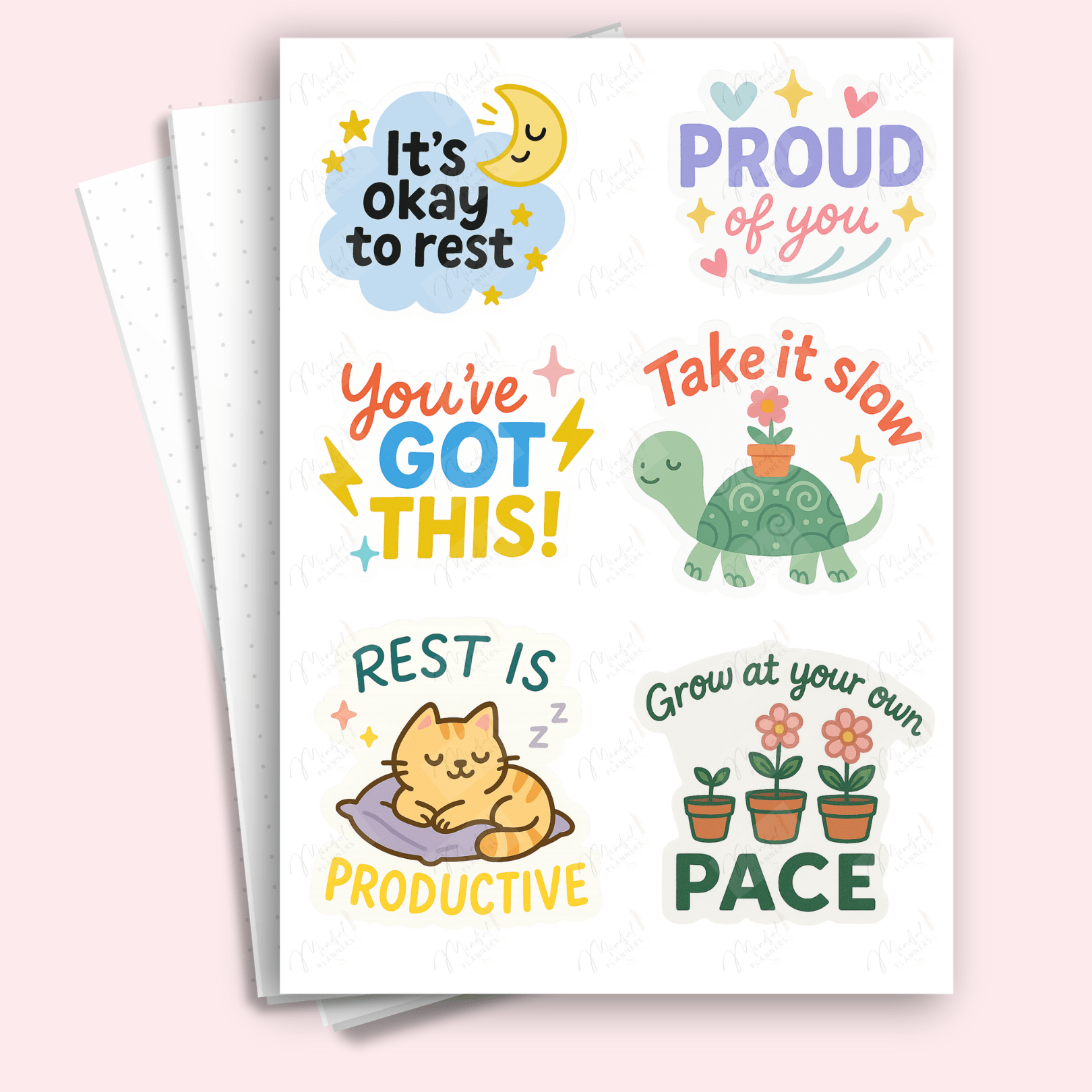 A5 journaling sticker sheet with positive affirmations and mindful reminders