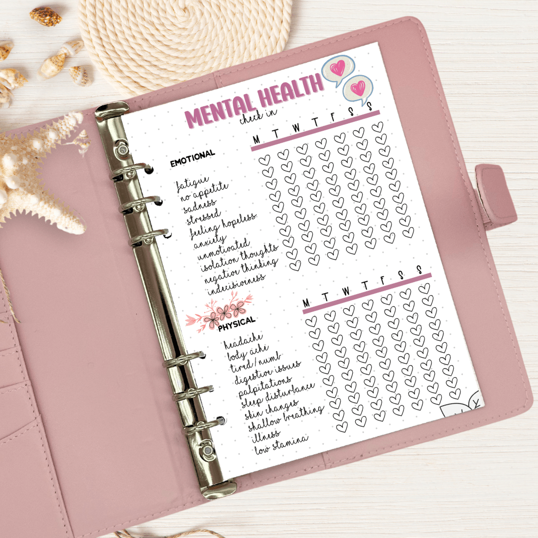 A5 mental health check-in journal page on linen desk — anxiety planner insert