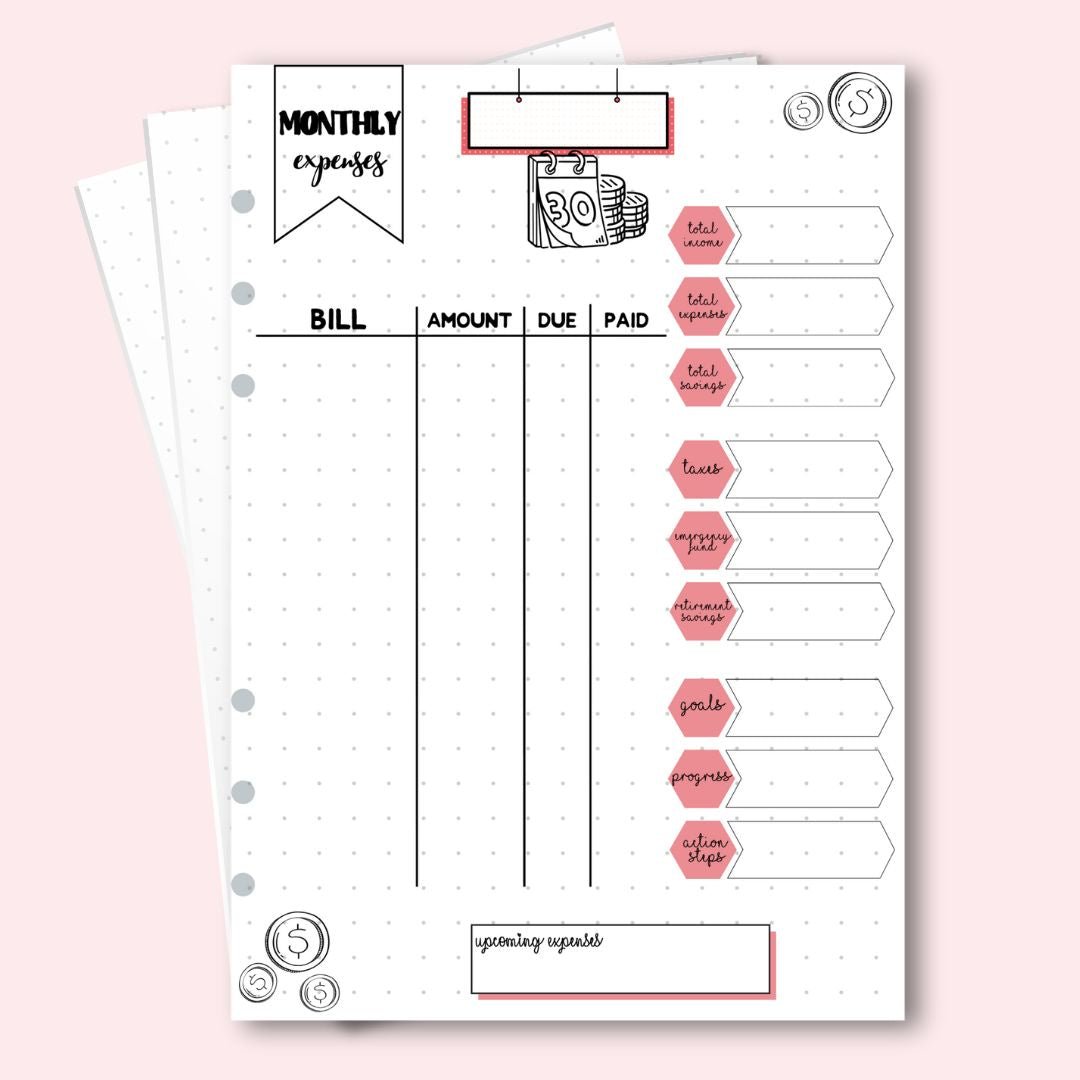 A5 monthly expenses page with coral arrows and bill tracker