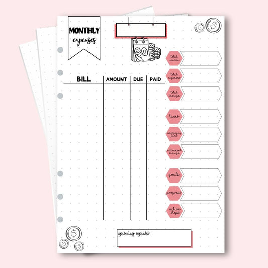 A5 monthly expenses page with coral arrows and bill tracker