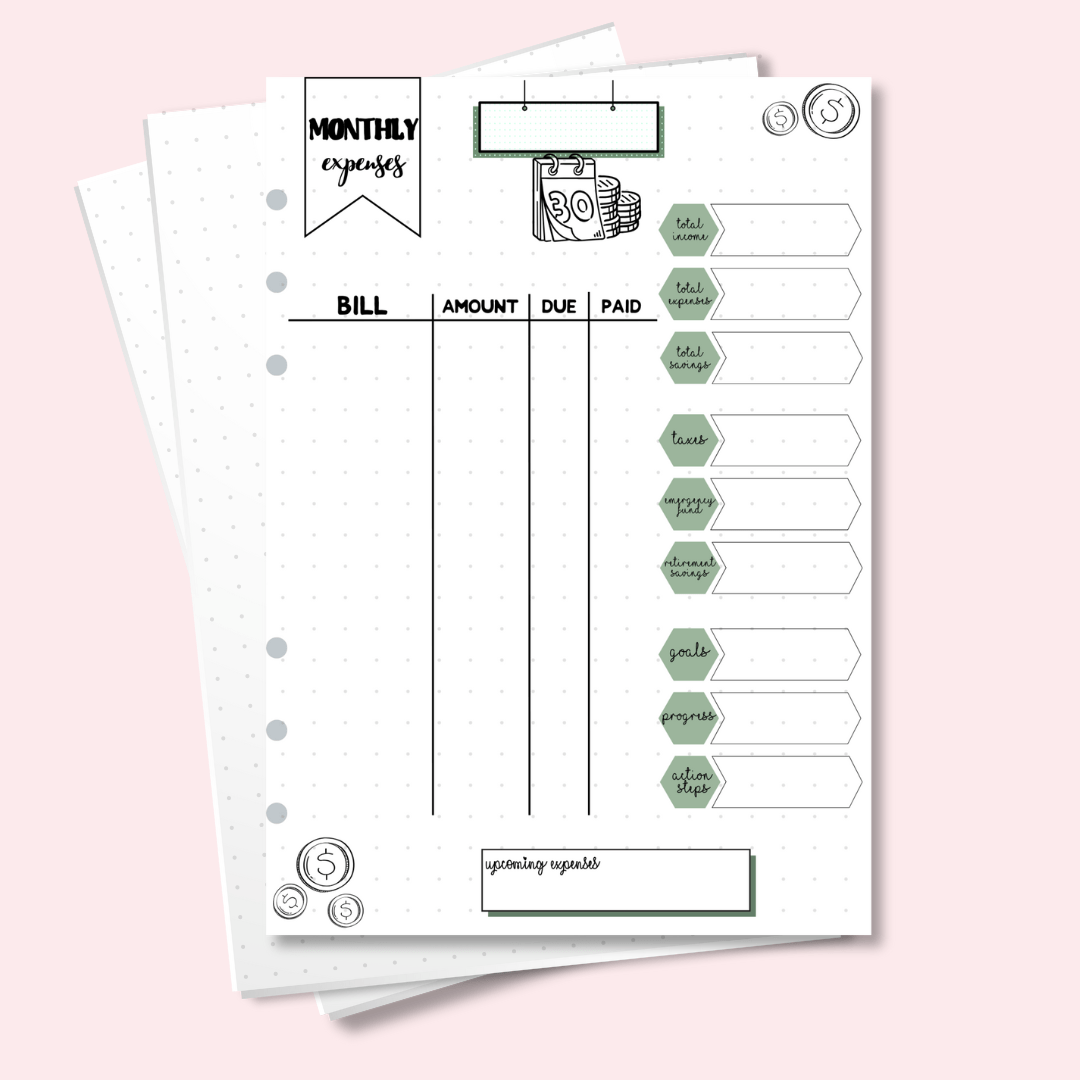A5 monthly expenses tracker journal page with savings progress section