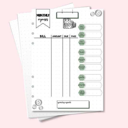 A5 monthly expenses tracker journal page with savings progress section