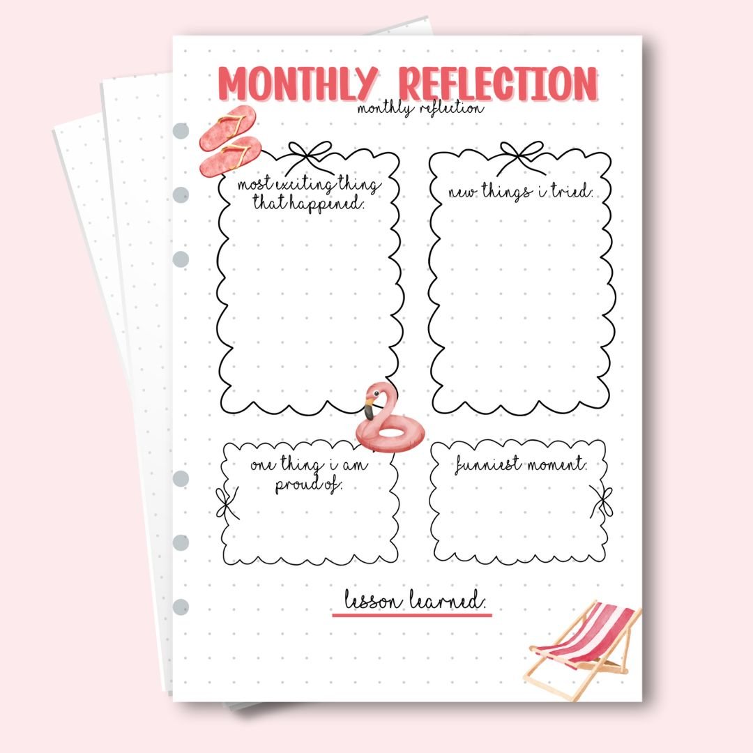 A5 monthly reflection page with flamingo and beach chair art