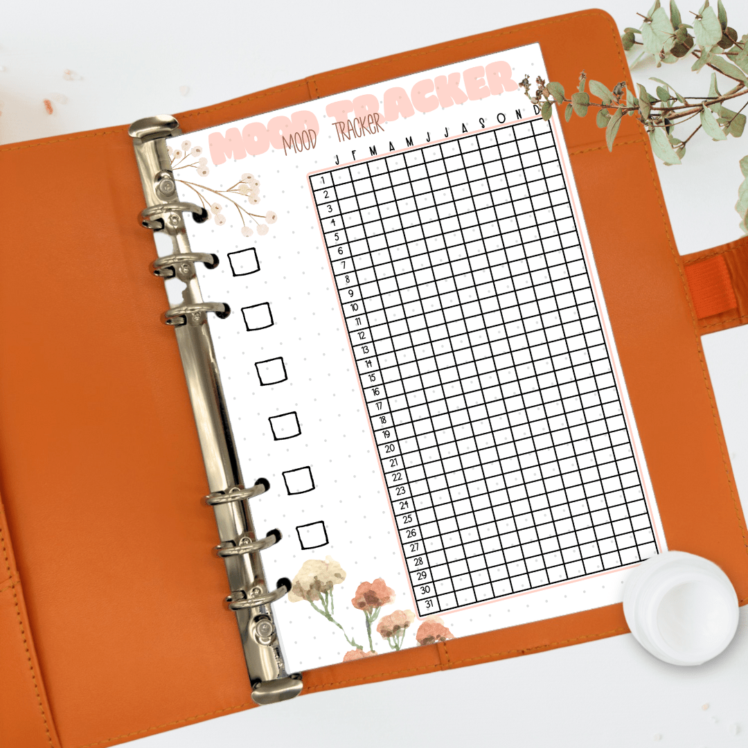 A5 mood tracker journal page on linen desk with pastel pens — anxiety insert