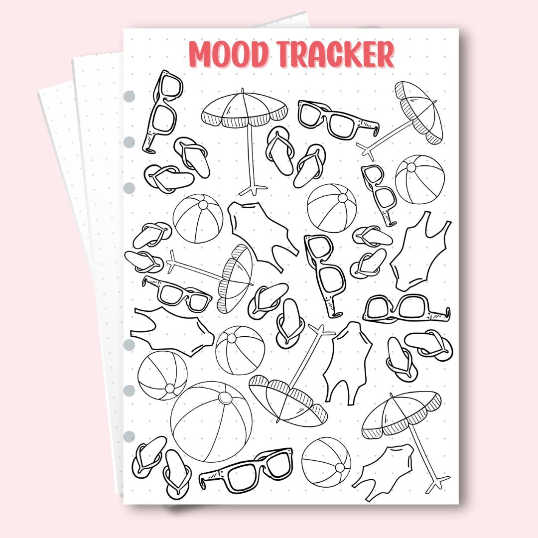 A5 mood tracker journal page with sunglasses and flip-flops