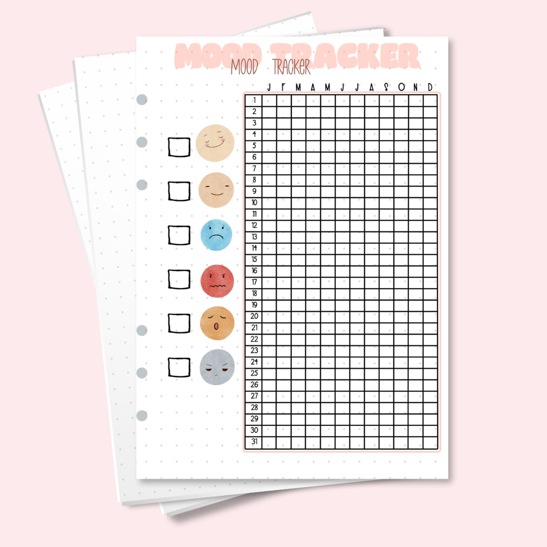 A5 mood tracker page with pre-filled emotions for journaling