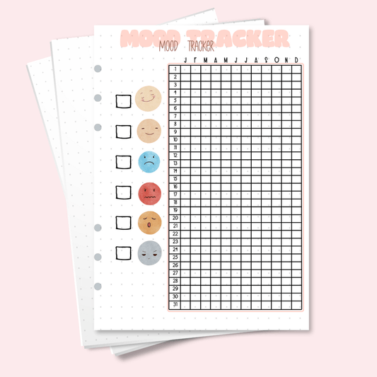 A5 mood tracker page with pre-filled emotions for journaling