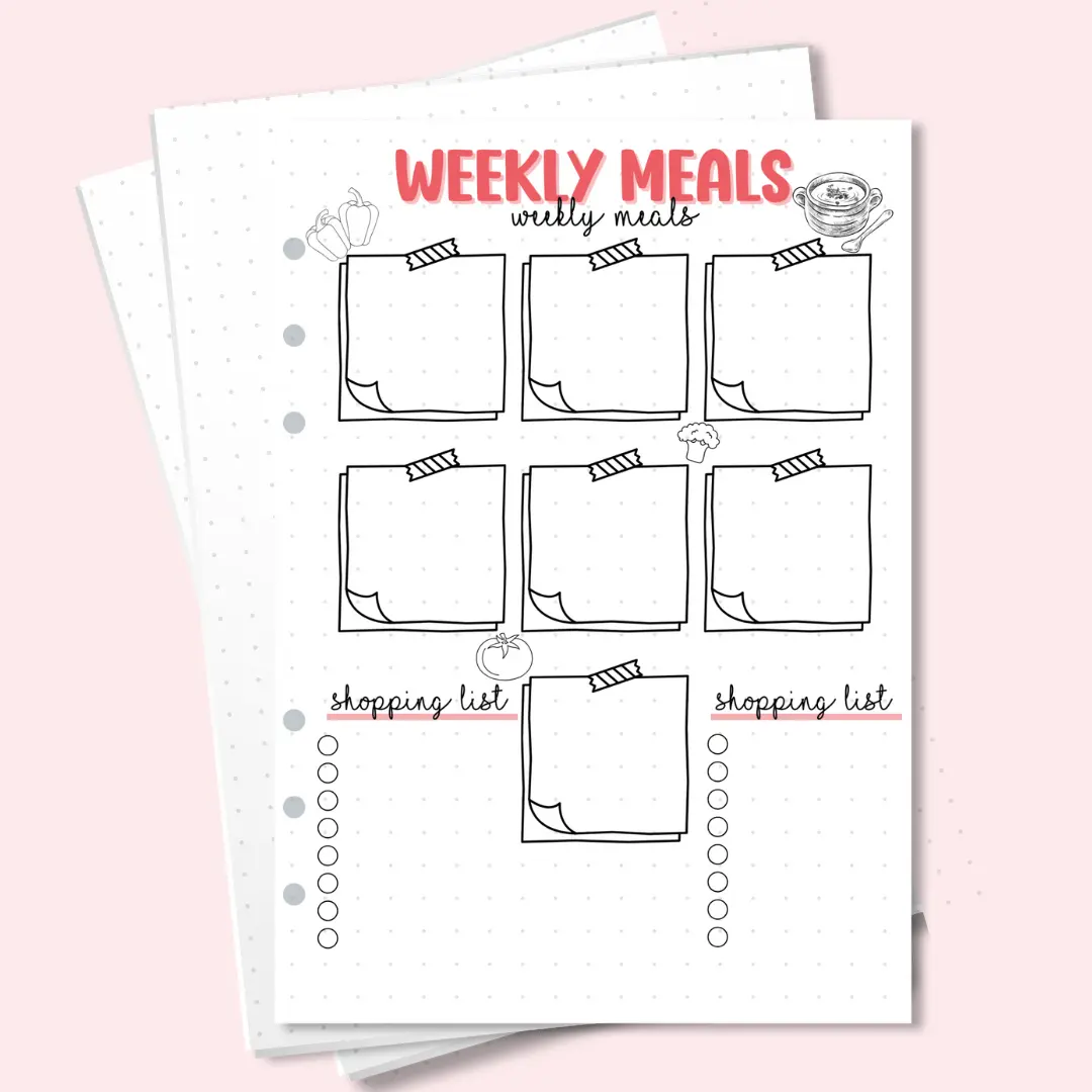 A5 planner insert for organising weekly meals and grocery lists in a structured layout