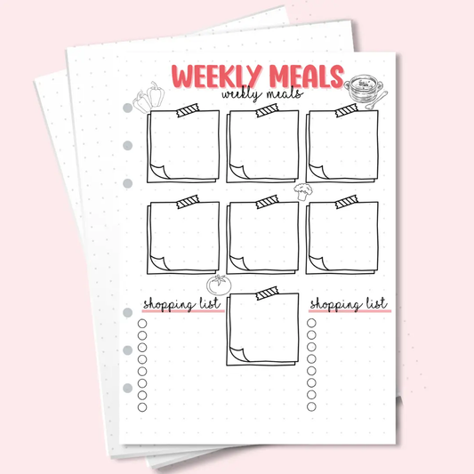 A5 planner insert for organising weekly meals and grocery lists in a structured layout