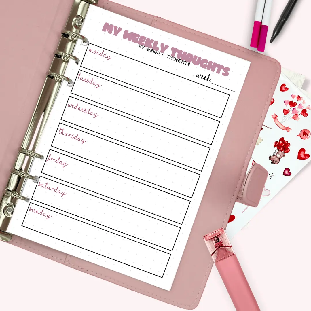 A5 planner insert for reflecting on weekly experiences in a structured layout