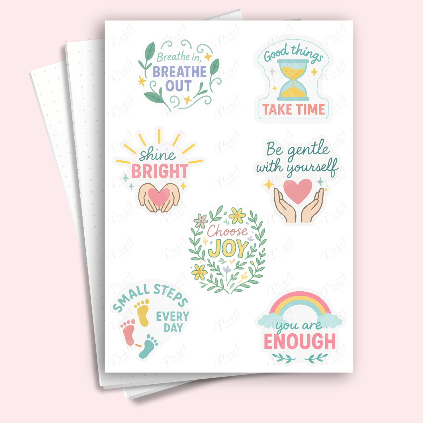 A5 planner sticker sheet featuring motivational quotes for self-care
