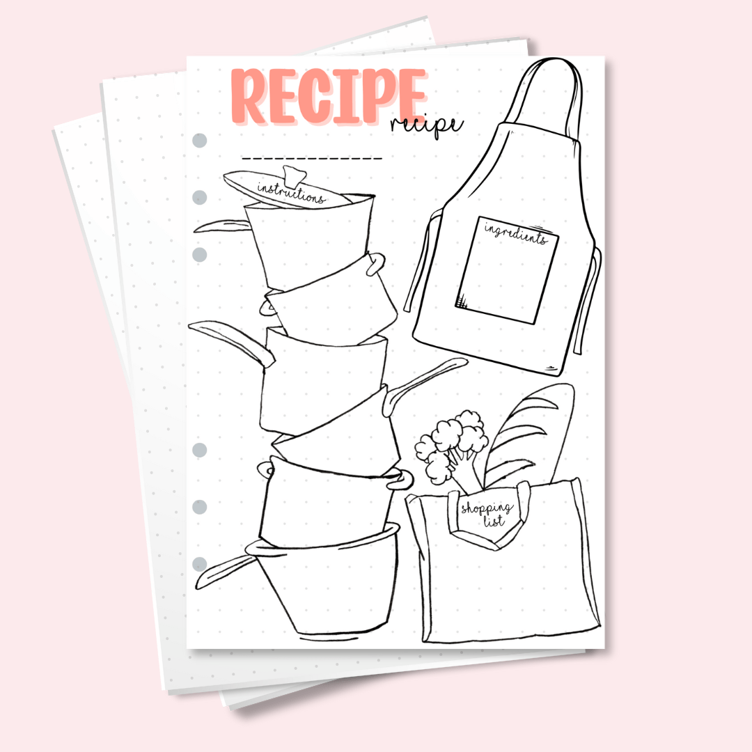 A5 recipe planner page with hand-drawn illustrations