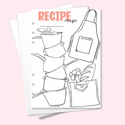 A5 recipe planner page with hand-drawn illustrations