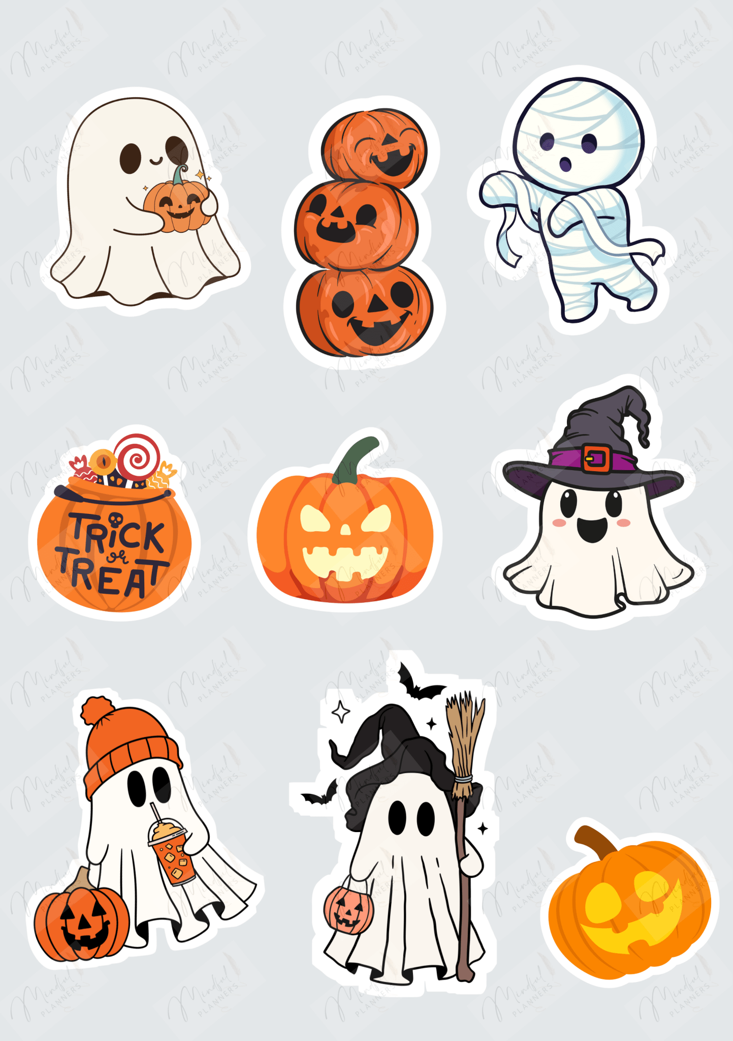 A5 sticker sheet featuring pumpkins and ghosts for mindful journaling spreads