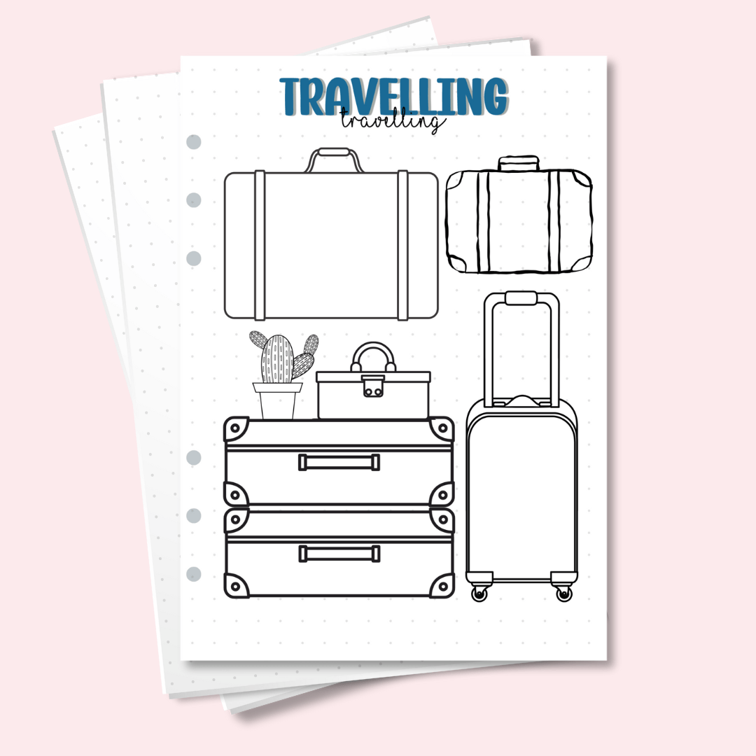 A5 travelling journal page with illustrated suitcase design