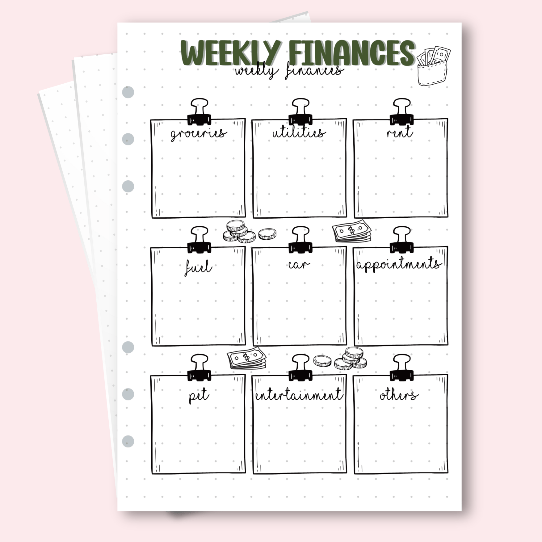 A5 weekly finance tracker page with 9 category layout