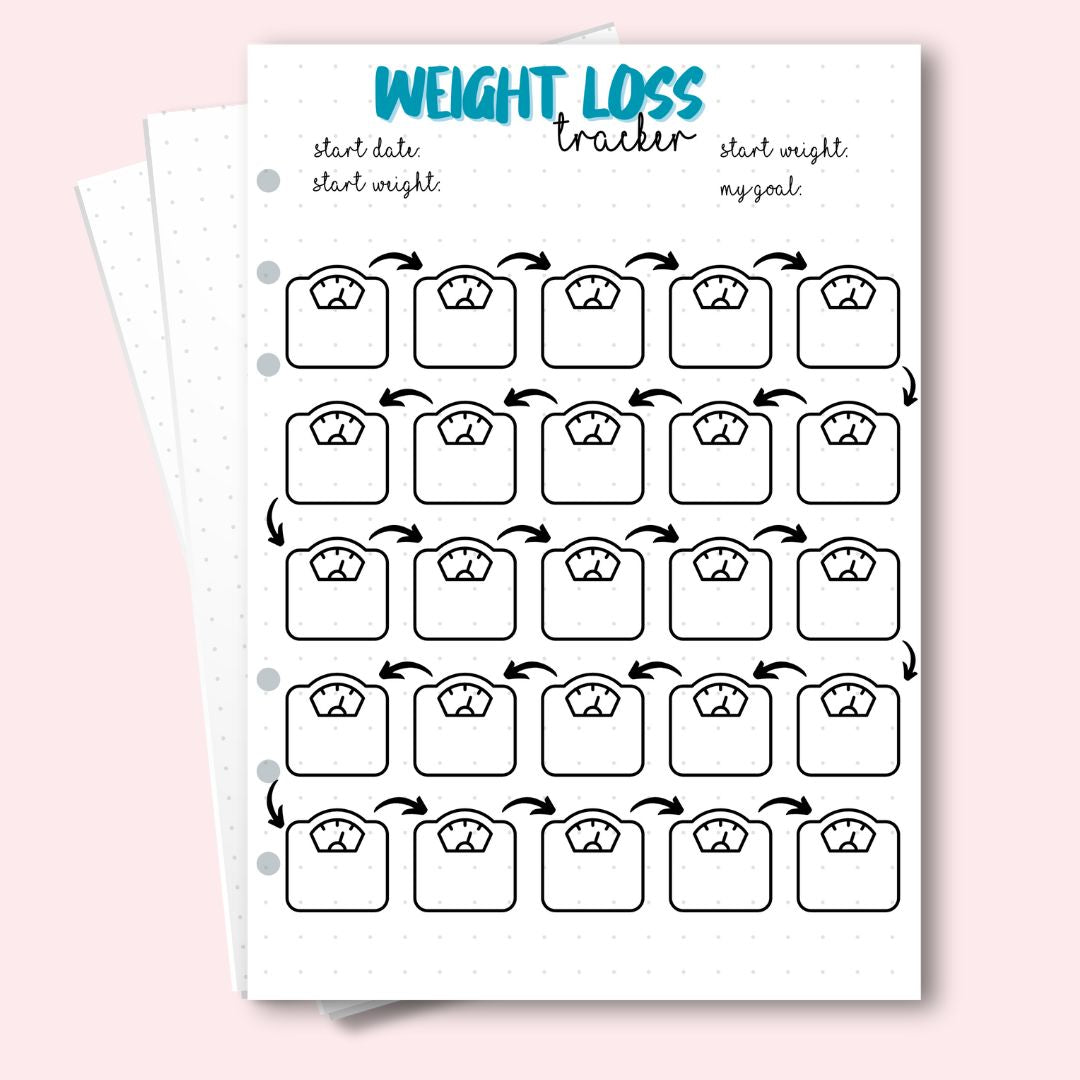 A5 weight loss tracker journal page with scale icons for mindful progress tracking