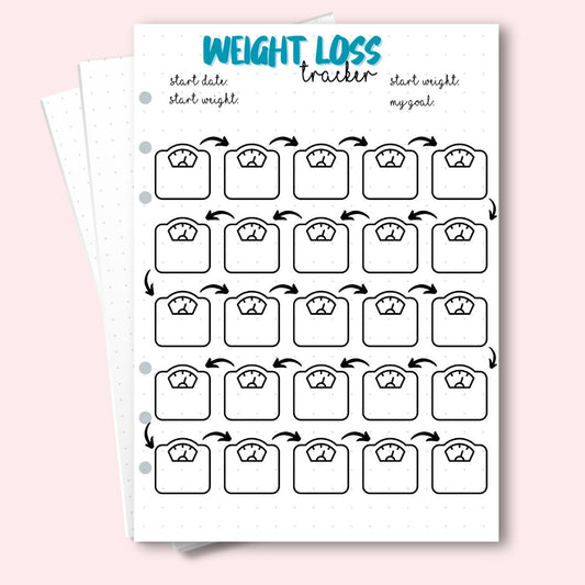 A5 weight loss tracker journal page with scale icons for mindful progress tracking