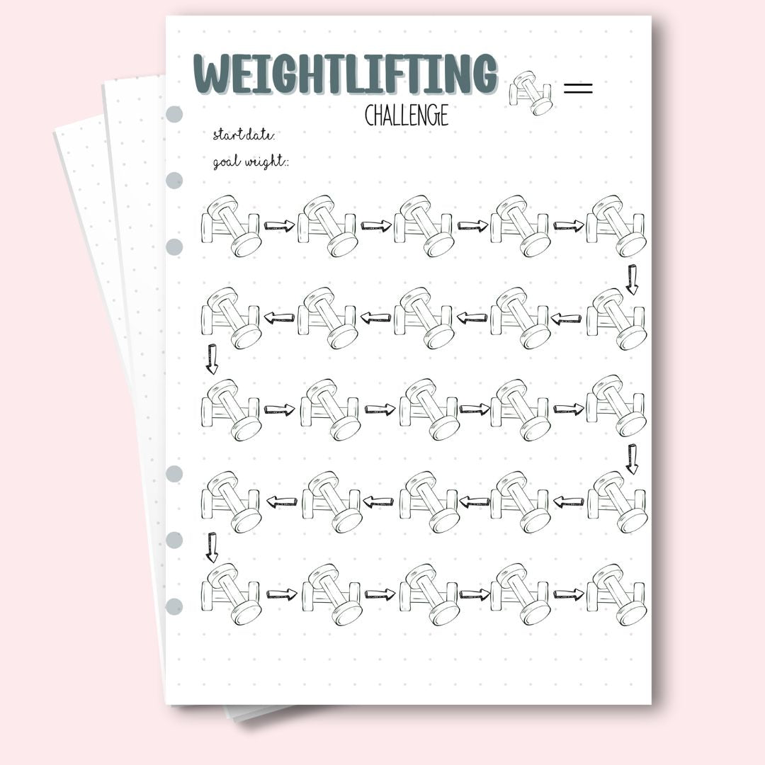 A5 weightlifting challenge journal page with dumbbell icons for strength tracking