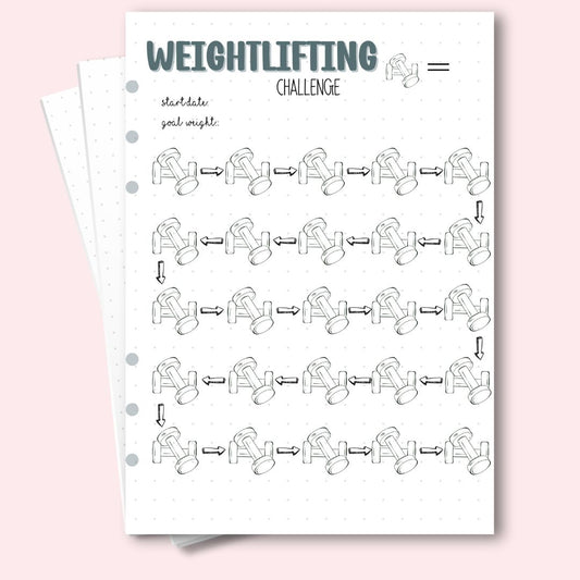 A5 weightlifting challenge journal page with dumbbell icons for strength tracking