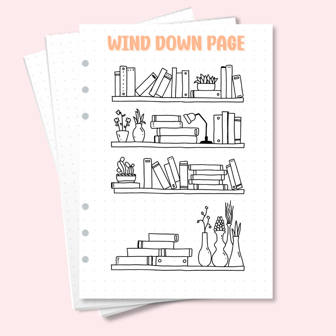 A5 wind down page with book-themed colouring