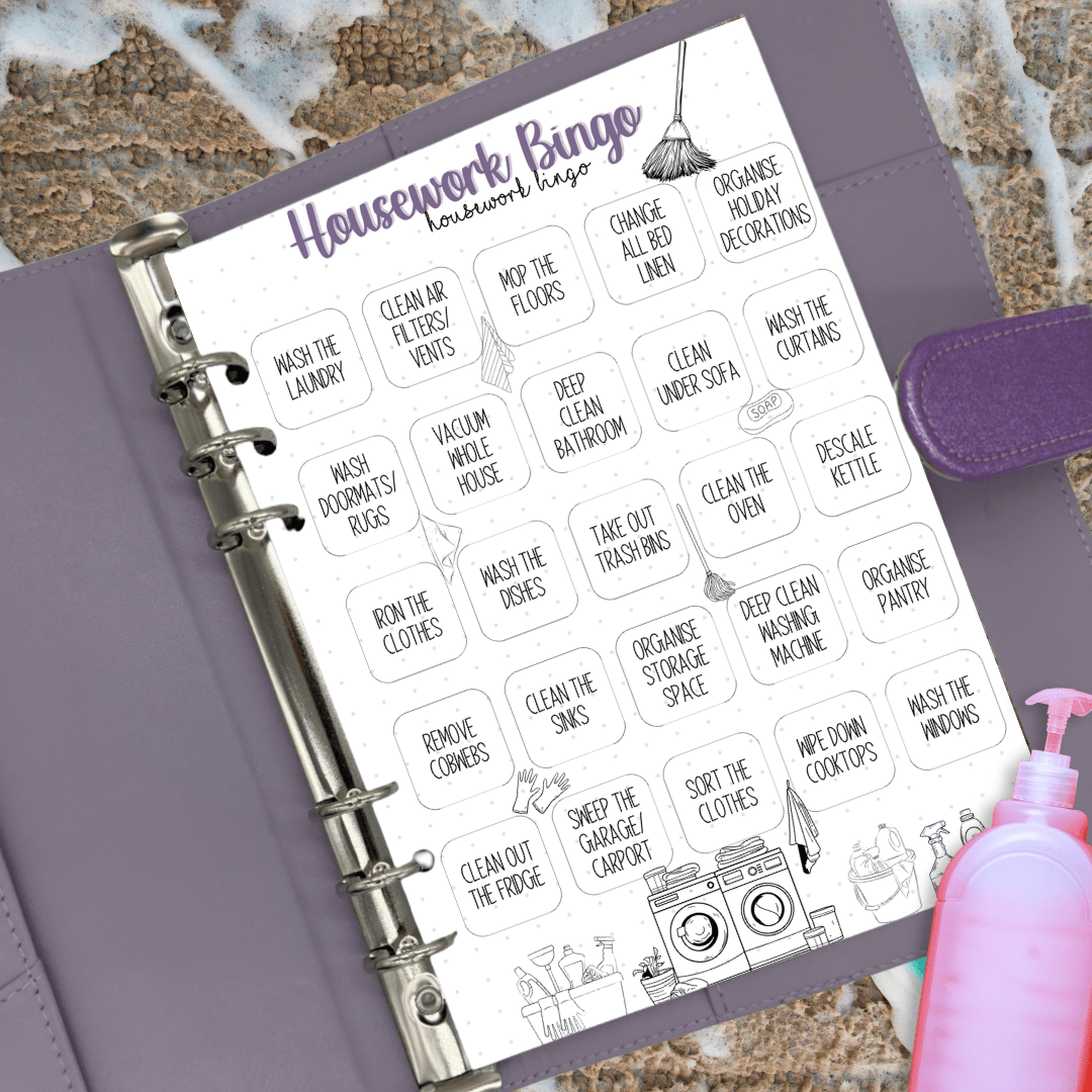 ADHD-friendly cleaning page with visual bingo reward system