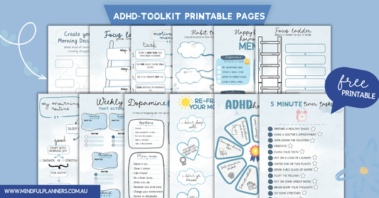 ADHD Toolkit printable A5 journal pages flat lay — digital download Australia