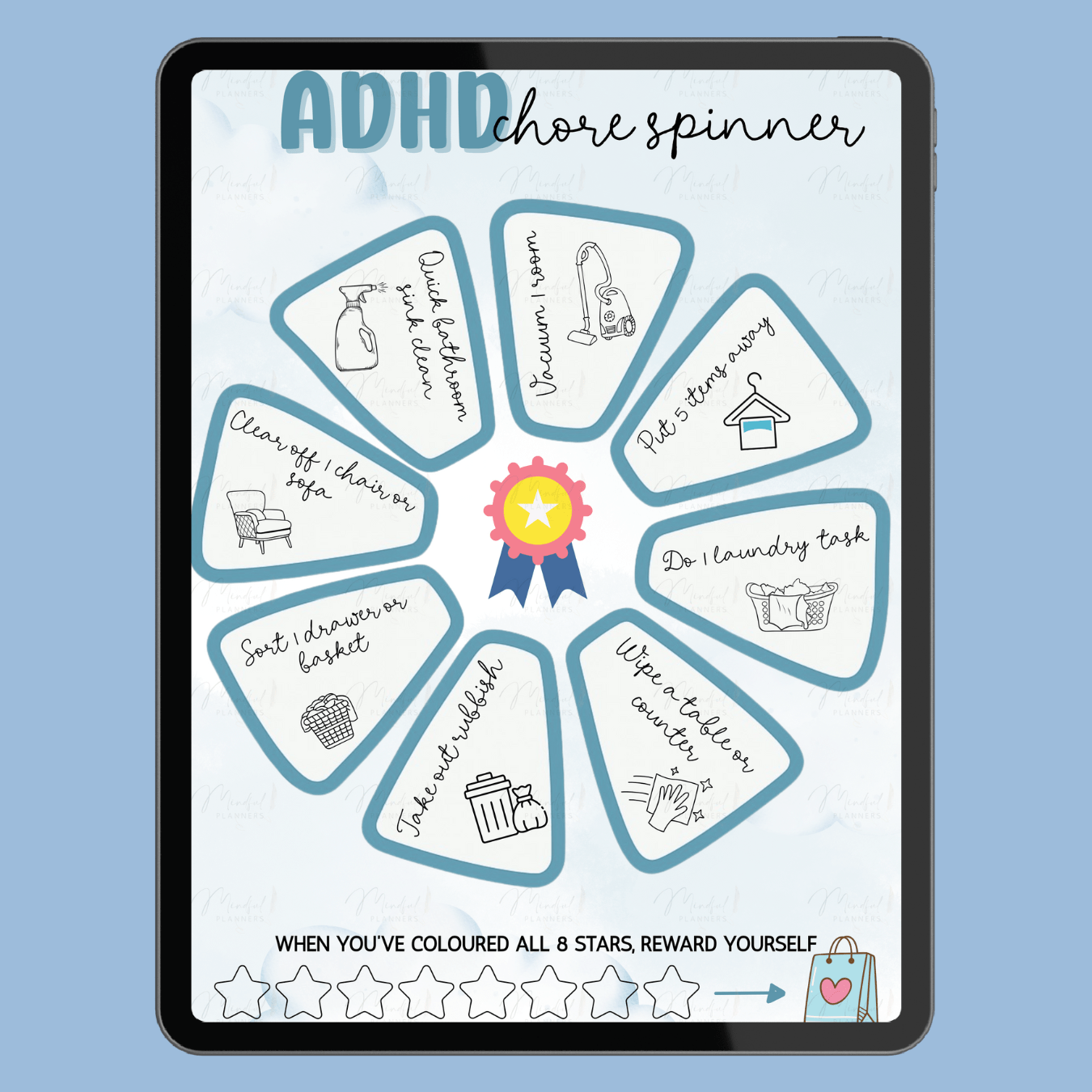 ADHD chore spinner on a tablet screen with a blue background
