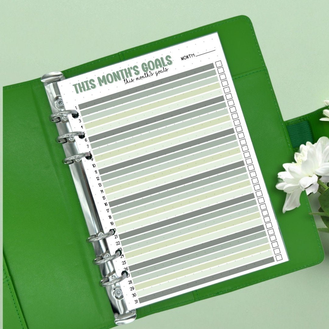 ADHD friendly monthly goals page for mindful organisation