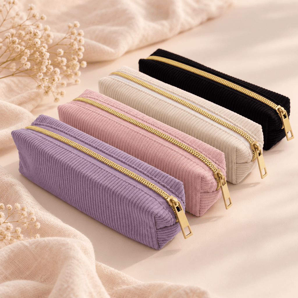 Velvet pencil cases for journaling in purple, pink, cream and black